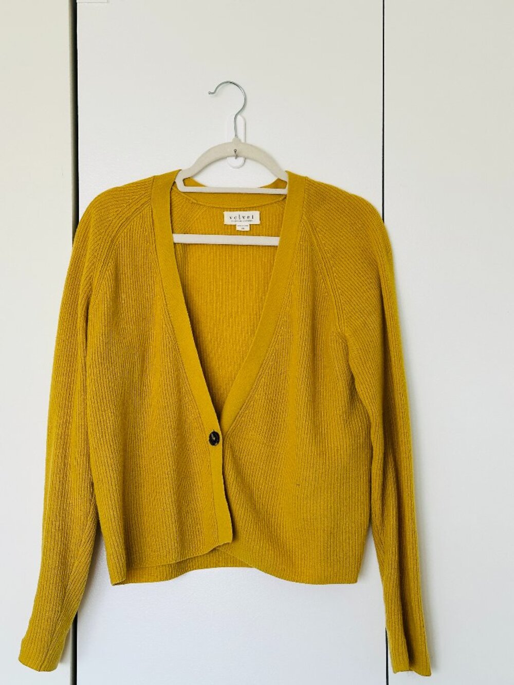 Velvet by Graham & Spencer Ribbed V-Neck Wool/Cashmere Cardigan in Mustard Yello
